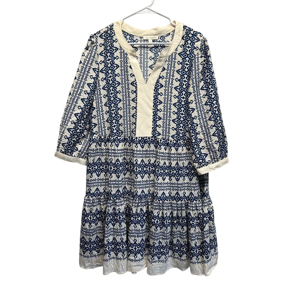Anthropologie Fig & Flower Blue White Boho Tiered Tunic Dress Size Large